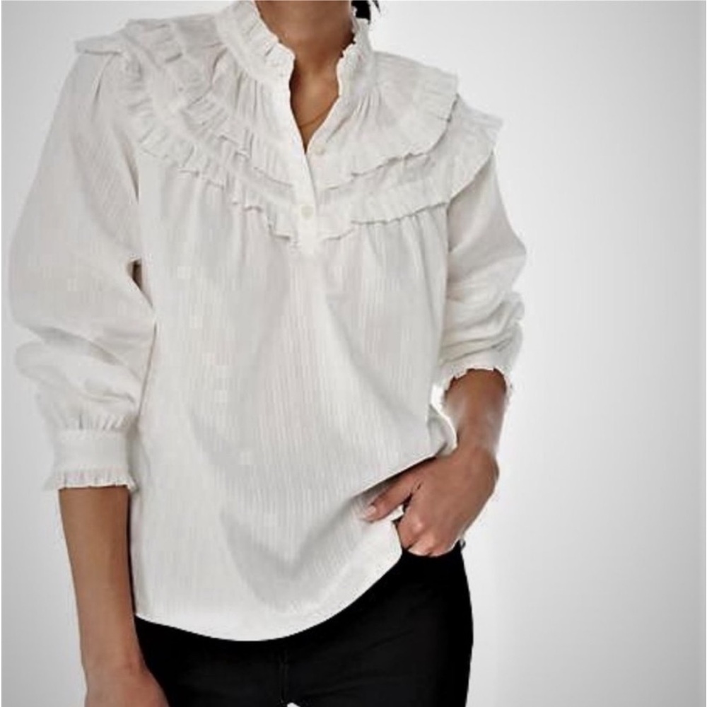 Kate Spade Glen Stripe White Ruffle blouse XS